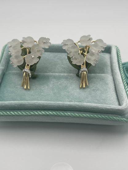 Rock Crystal, Diamond, Nephrite and Lily of the Valley Earrings, Antique Inspired, 18K Gold, view 9