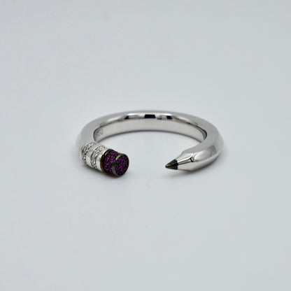 Platinum Pencil Ring With Baguette Moissanites and Pink Lab Rubies, view 3