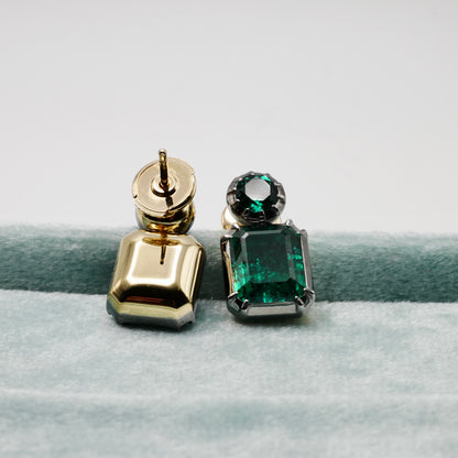 Georgian Collet Set Round and Emerald Cut Zambian Emerald Stud Earrings, view 7