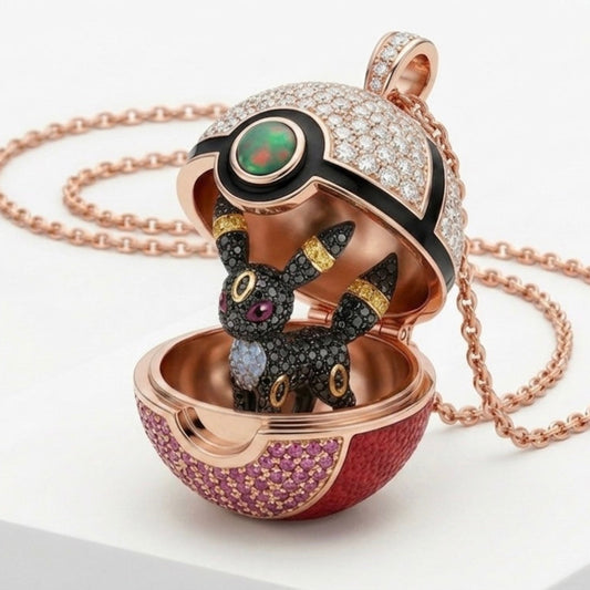 Pokeball Locket Pendant with Umbreon Inside, 3D Opening Pokemon Necklace, Pavé Moissanite 18K Gold, Anime Gamer Jewelry Gift