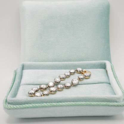 18K Gold Filled, 5 to 15 Carat Moissanite Riviere Georgian Victorian Button Back Collet Bracelet | Jessica McCormack style | Fred Leighton inspired | Zendaya engagement ring style | Zoe Kravitz jewelry | Georgian Victorian antique inspired jewelry | by Disco Marshmallow