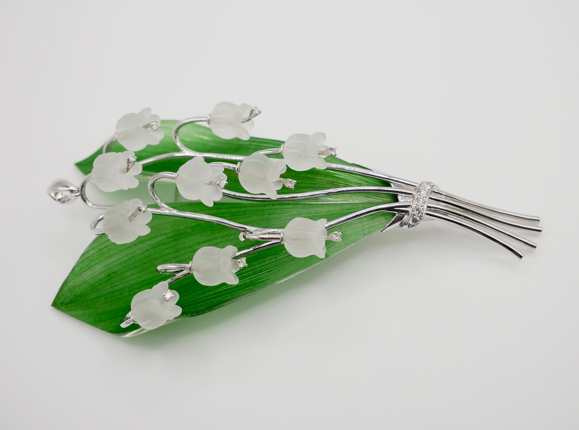 Nephrite Jade Rock Crystal Diamond Lily of the Valley Pendant