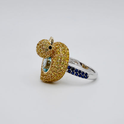 Aquamarine with Blue Sapphires Large Duckie Ring, 18K Gold