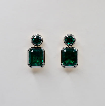 Georgian Collet Set Round and Emerald Cut Zambian Emerald Stud Earrings, view 2