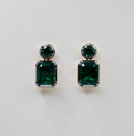 Georgian Collet Set Round and Emerald Cut Zambian Emerald Stud Earrings, view 2