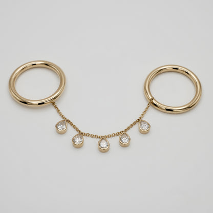 Double Ring with Pear Shaped Moissanites, 14K Gold