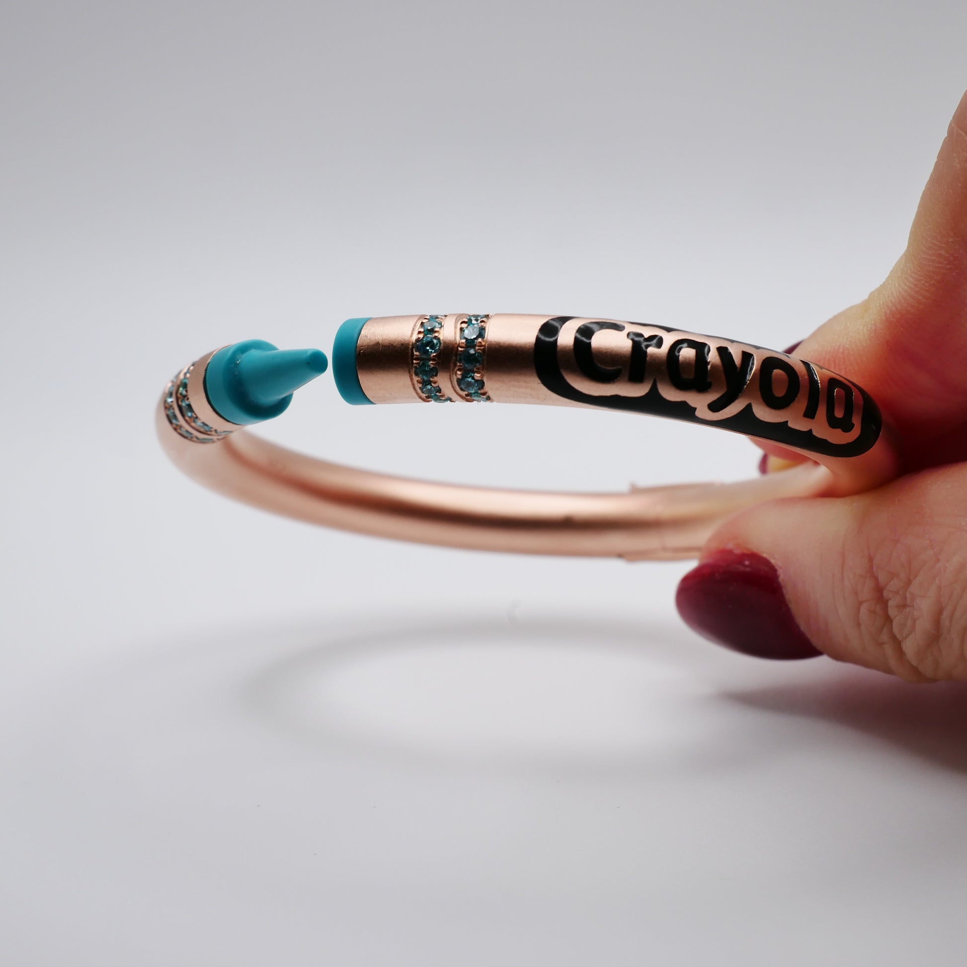 Customizable Crayon Bracelet in 18K Gold Filled with Turquoise and Turquoise Moissanites | Nadine Ghosn style | Drake jewelry | Justin Bieber jewelry | Beyonce jewelry | novelty fun fine jewelry | by Disco Marshmallow