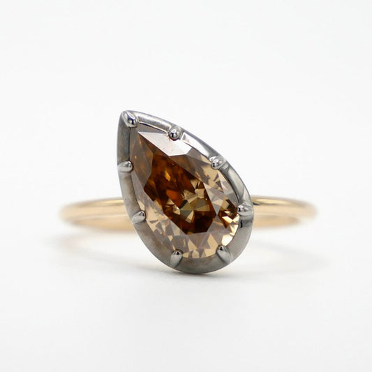 2.5 Carat Georgian Victorian Tilted Pear Brown Moissanite Ring in 14K Gold Button Collet Setting