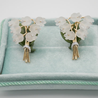 Rock Crystal, Diamond, Nephrite and Lily of the Valley Earrings, Antique Inspired, 18K Gold