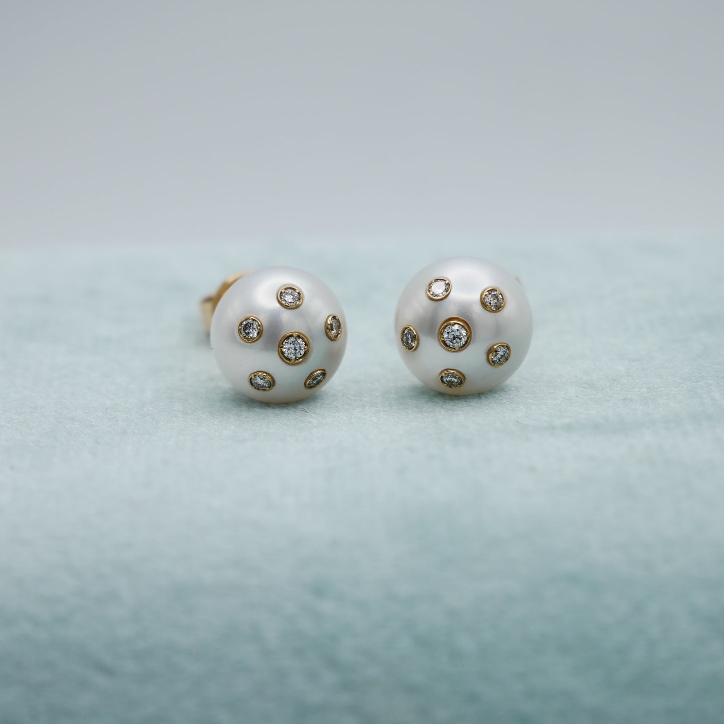 Freshwater Pearl Stud Earrings with Embedded Lab Diamonds in 14K or 18K Gold