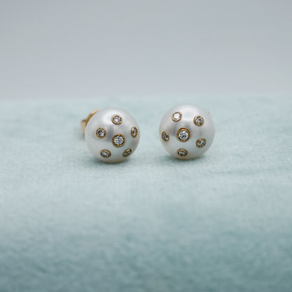 Freshwater Pearl Stud Earrings with Embedded Lab Diamonds in 14K or 18K Gold