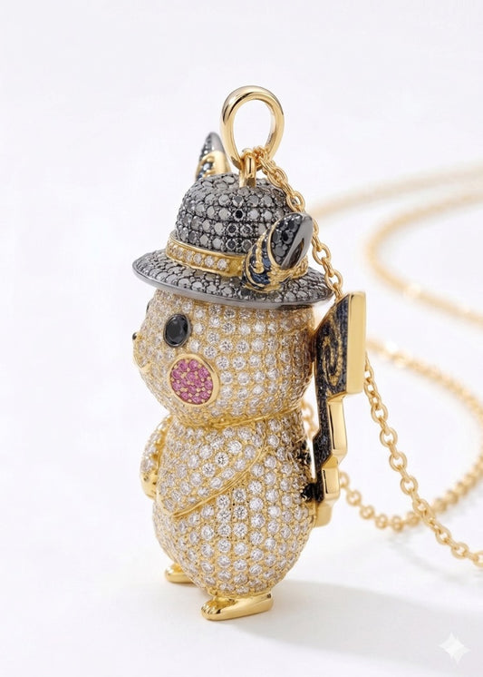 Pikachu Pendant with Moissanites and Starry Night Detailing in or