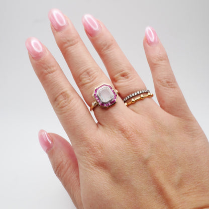 Portrait Cut Moissanite or Diamond Art Deco Ring with Caliber Cut Lab Grown Rubies, 14K Yellow Gold, view 8