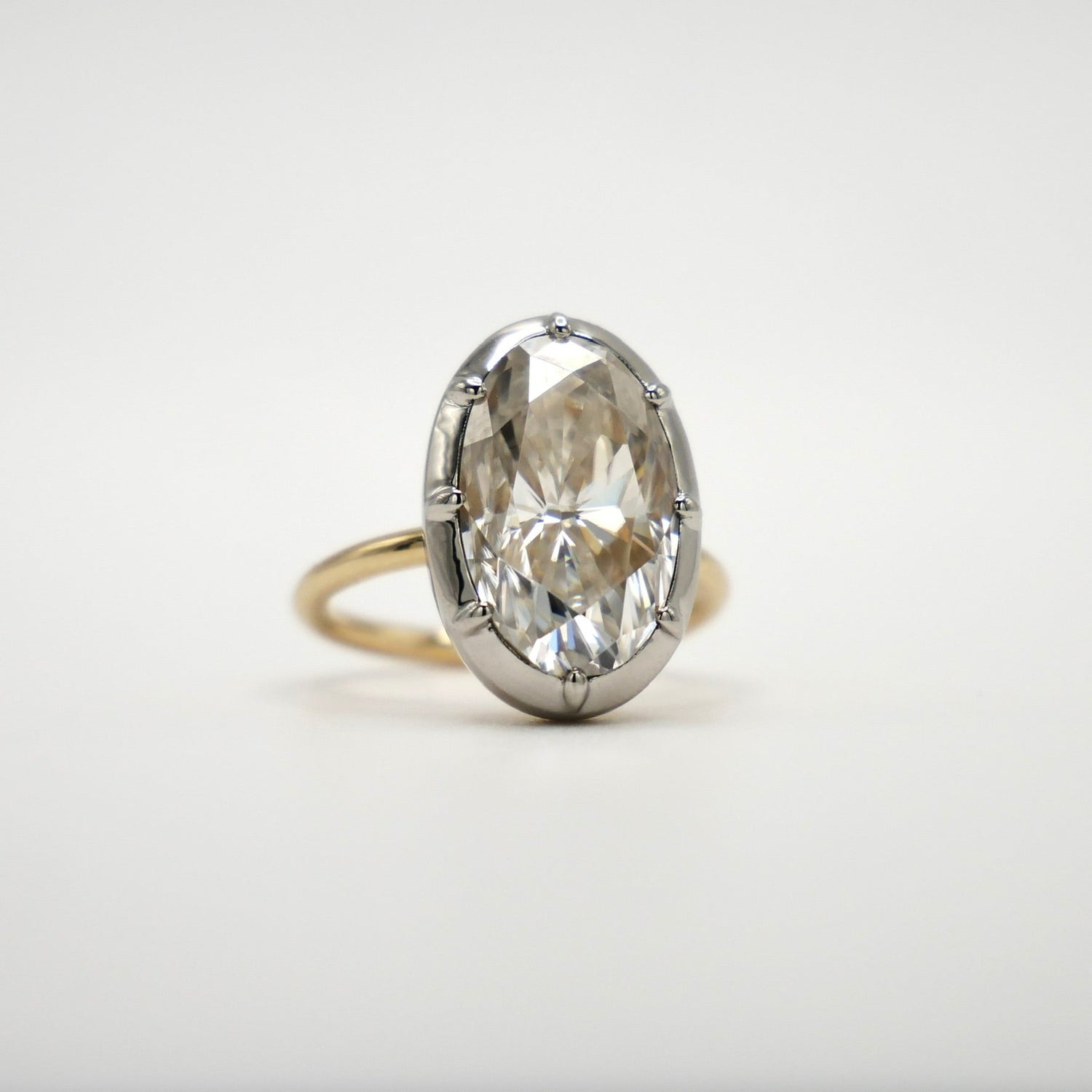 Georgian Victorian Oval Moissanite and Platinum Button Back Collet Ring