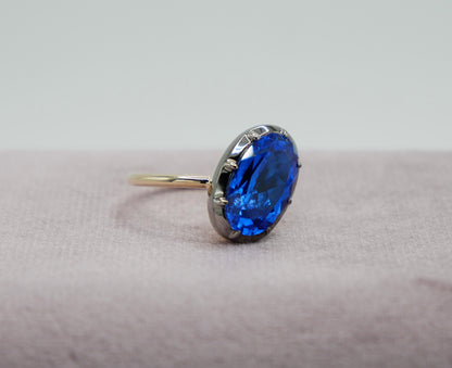 Georgian Victorian Oval Blue Sapphire Button Back Collet Ring, view 6