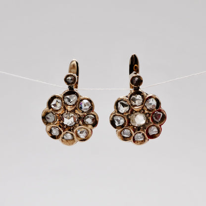Georgian Victorian Gold Cluster Flower Cut Diamond Lever Earrings, 14K Gold