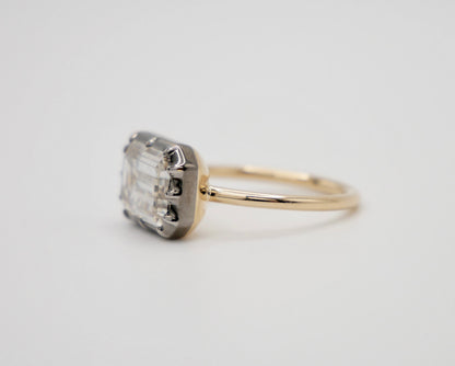 Georgian Victorian Elongated Emerald Cut Moissanite Button Back Collet Ring, view 3