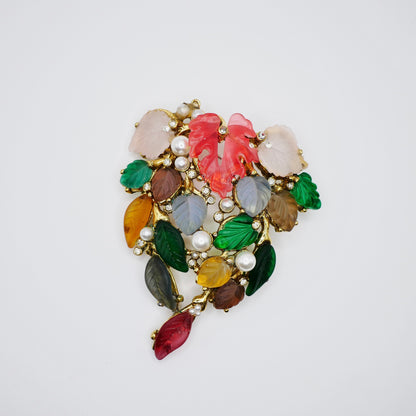 Vintage Gold Plated Tutti Frutti Carved Glass Leaf Brooch Art Deco Inspired, 18K Gold