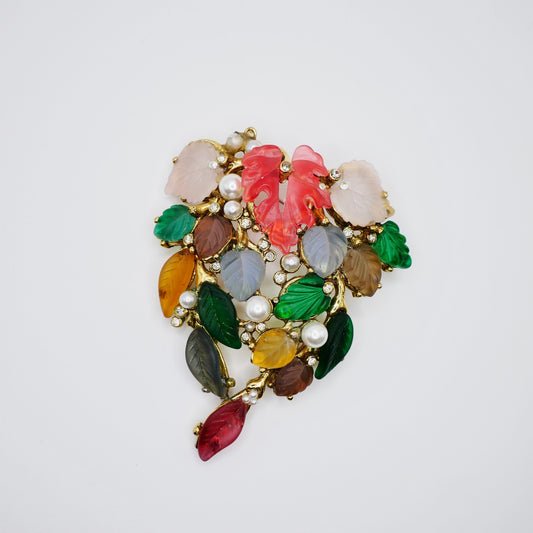 Vintage 18K Gold Plated Tutti Frutti Carved Glass Leaf Brooch Art Deco Inspired, Statement Brooch