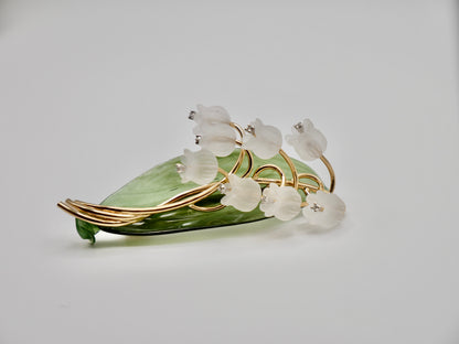 Rock Crystal, Diamond, Nephrite and Gold Lily of the Valley Brooch, 18K Gold, view 4