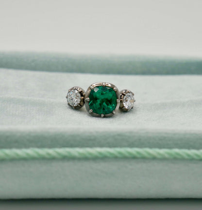 Cushion Emerald and Lab Diamond Georgian Victorian Collet Button Back Trilogy Ring, view 6