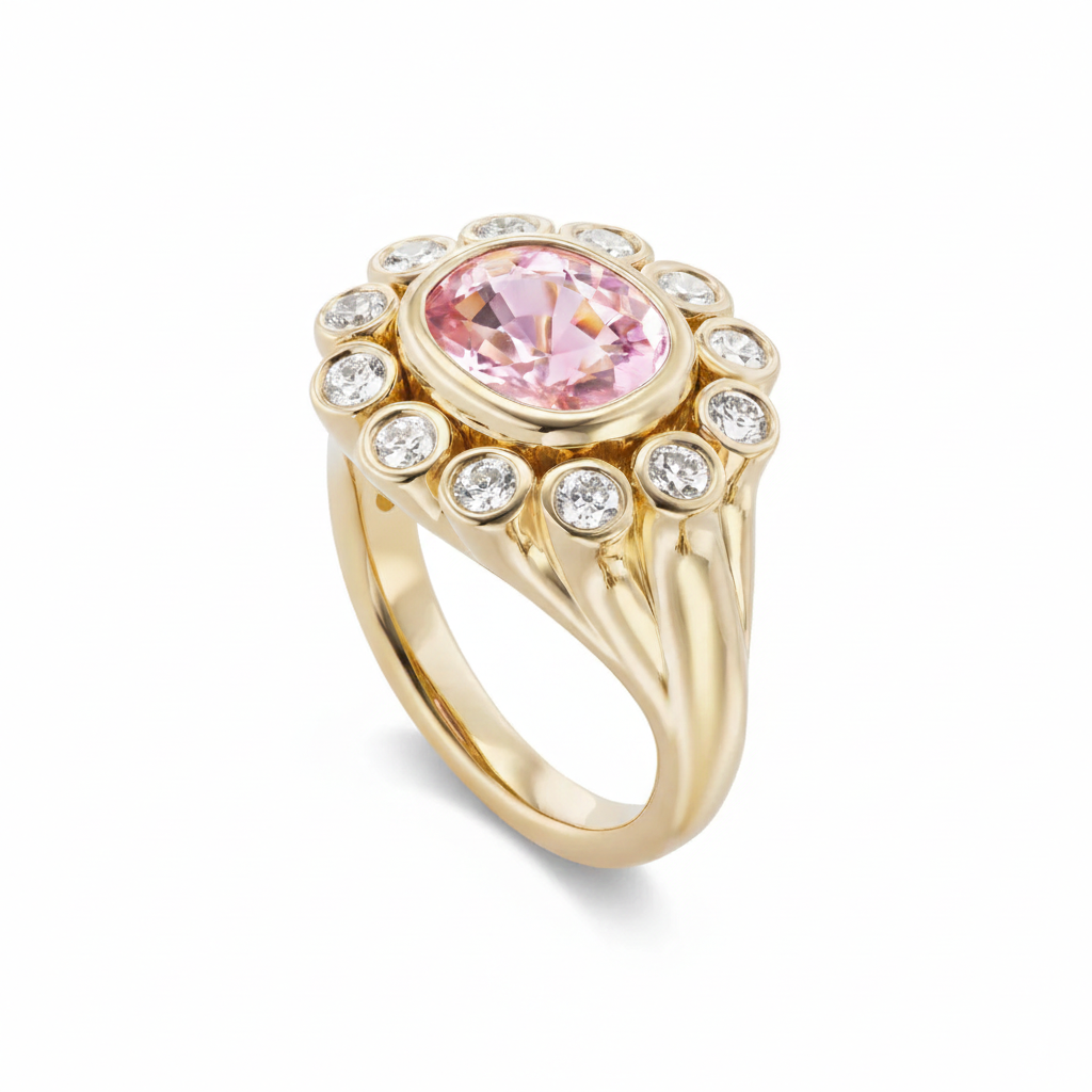 Elongated Cushion Pink Tourmaline Lab Diamond Cluster Ring in 18K Yellow Gold | Bezel Set Engagement Ring | Victorian Style | Jessica McCormack style | Fred Leighton inspired | Zendaya engagement ring style | Zoe Kravitz jewelry | Georgian Victorian antique inspired jewelry | by Disco Marshmallow | Brent Neale style | cluster ring | two stone ring