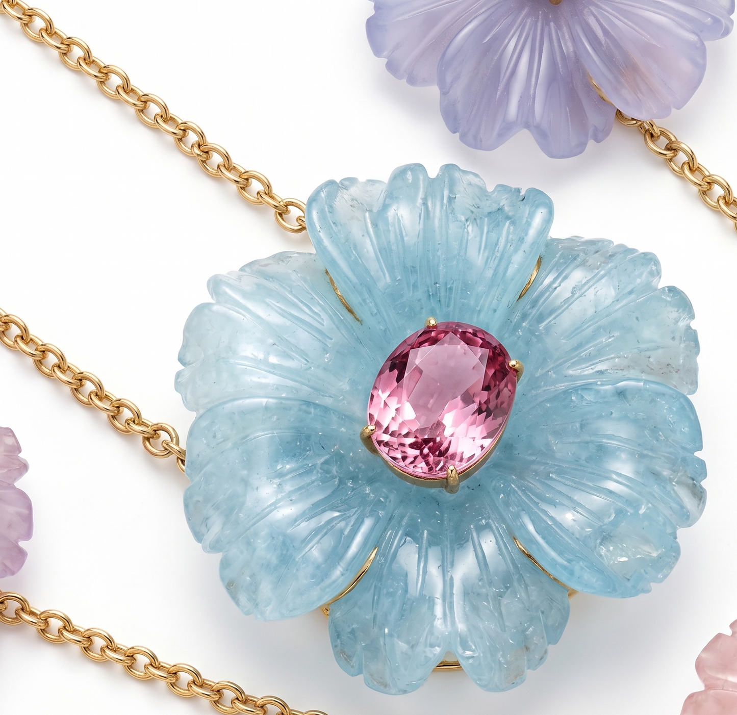 Carved Aquamarine Tropical Flower Necklace with Pink Tourmaline in 14K or 18K Gold