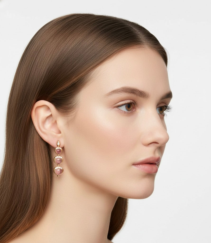 Pink Tourmaline Cabochon Pear Triple Drop Earrings | 18K Gold with Lab Diamonds | Statement Earrings | Cabochon Gemstone Jewelry | by Disco Marshmallow