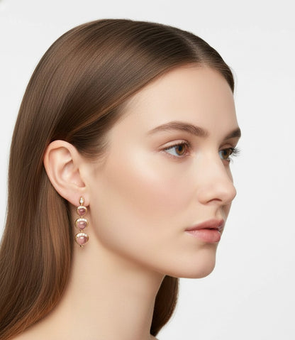Pink Tourmaline Cabochon Pear Triple Drop Earrings, view 3