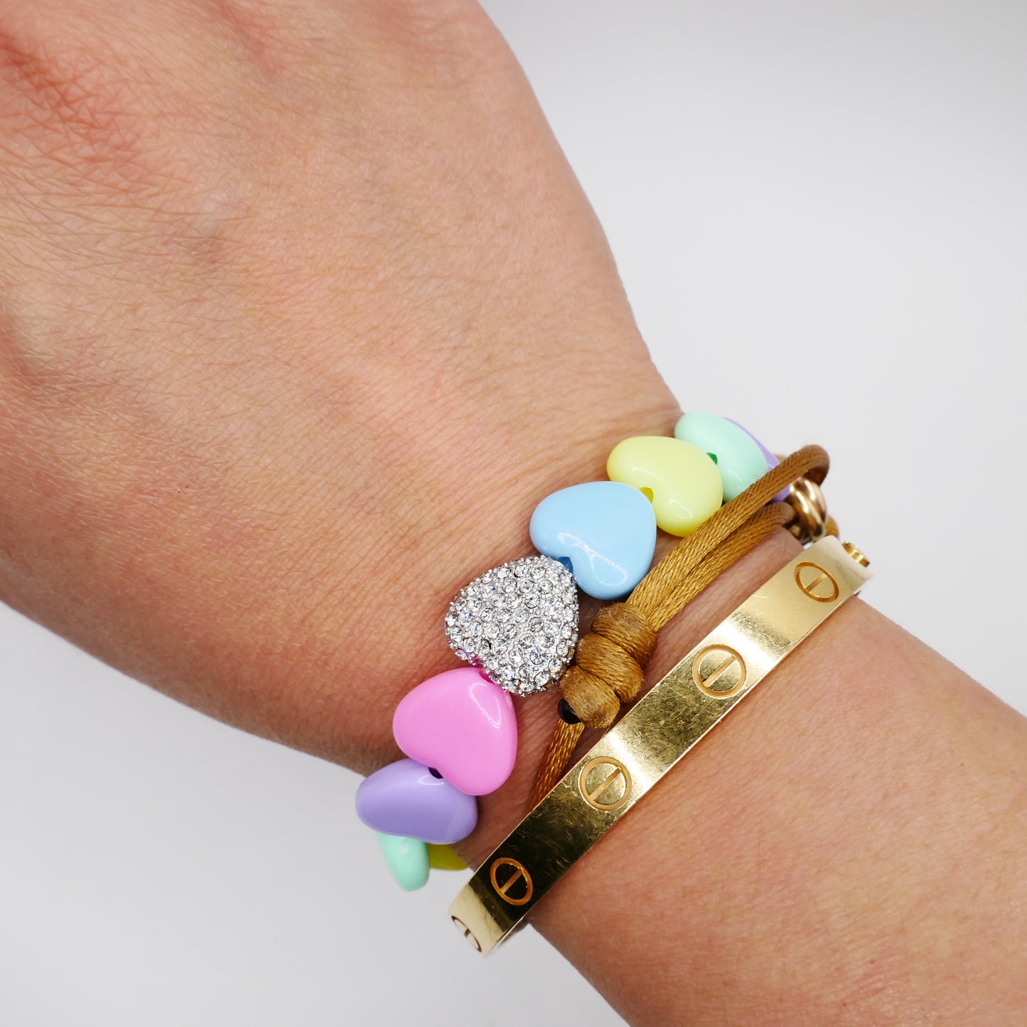 Pastel Heart Bead Stretch Bracelet with Heart Bead, 18K Gold Filled with Pave Moissanites, Ready to Ship