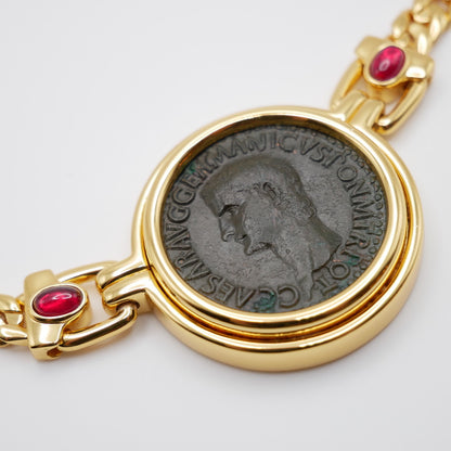 Ancient Roman Silver Coin Statement Necklace with Lab Grown Cabochon Rubies and Moissanite, view 2