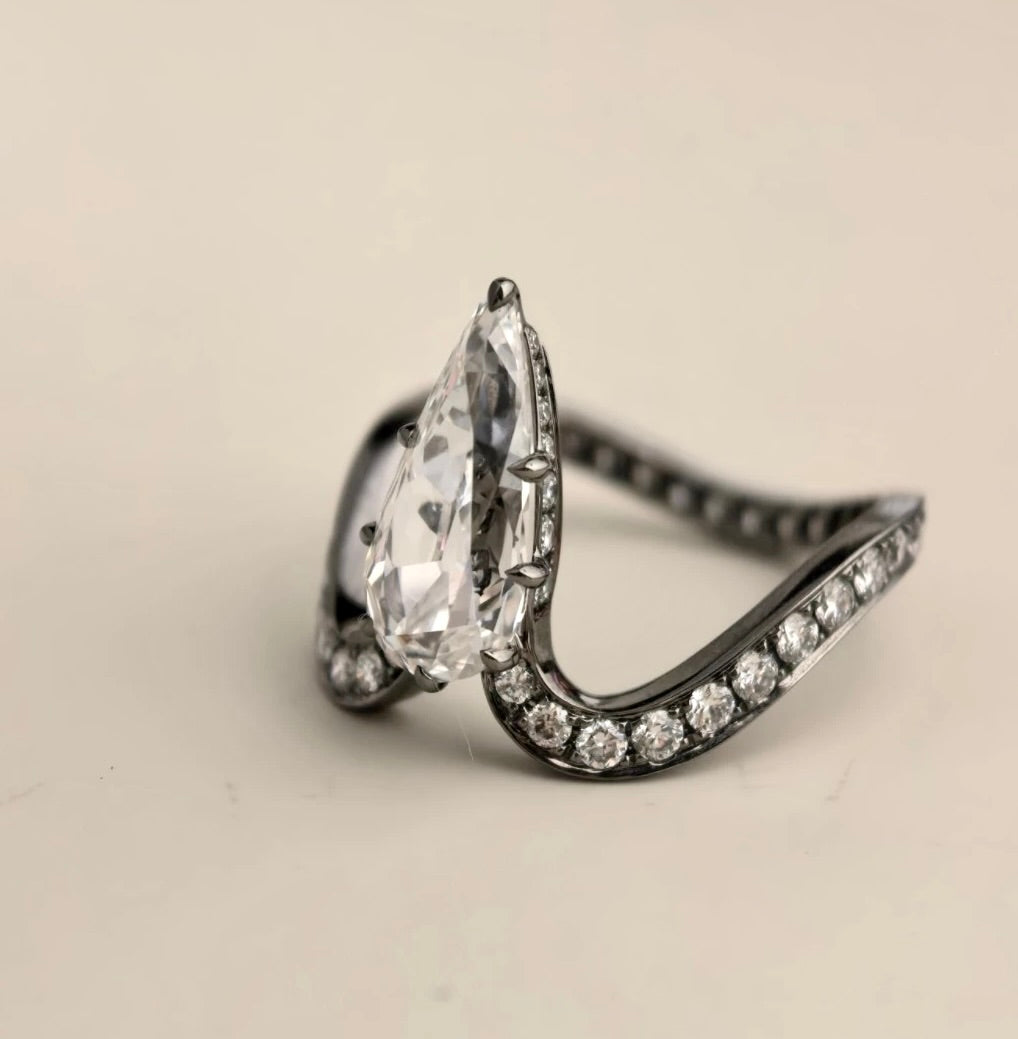 14K or 18K Blackened Gold Pear Sculptural Diamond Ring | 2 Carat Old Cut Diamond | Jessica McCormack style | Fred Leighton inspired | Zendaya engagement ring style | Zoe Kravitz jewelry | Georgian Victorian antique inspired jewelry | by Disco Marshmallow
