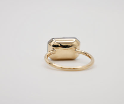 Georgian Victorian Elongated Emerald Cut Moissanite Button Back Collet Ring, view 4