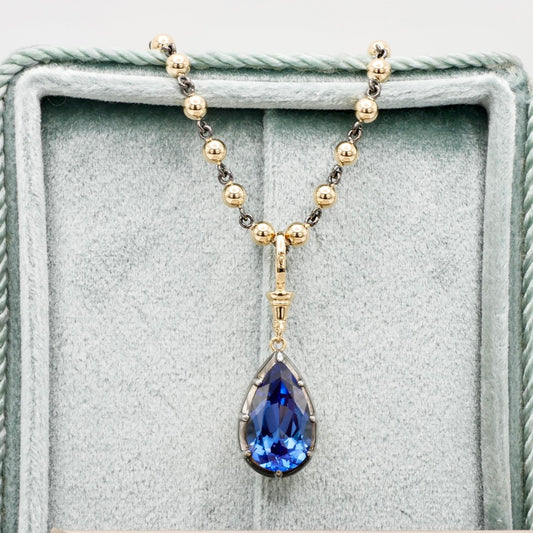 Georgian Victorian Pear Cornflower Blue Sapphire Gold Ball Chain Pendant, view 2