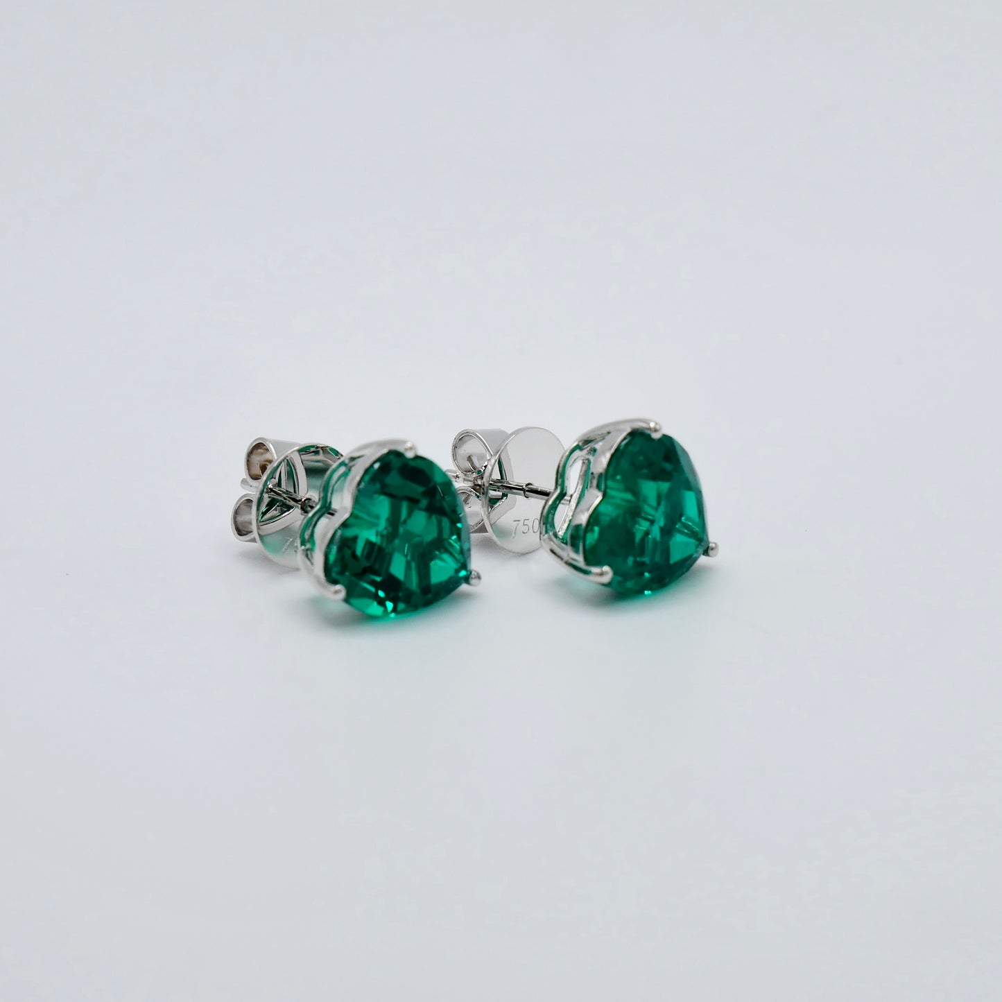 Heart Shaped Lab Grown Emerald Stud Earrings in 14K or 18K Gold, view 2