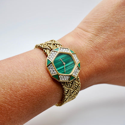 Vintage Audemars Piguet Ladies Watch Gold Malachite Diamond 1970s Manual Wind Luxury Swiss, 18K Gold, view 4