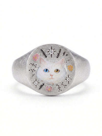 Custom pet portrait signet ring, hand painted enamel in solid gold, view 7