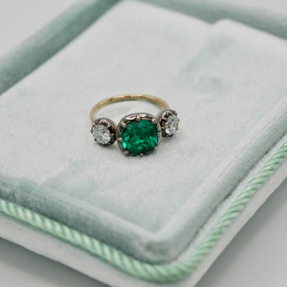 Cushion Emerald and Lab Diamond Georgian Victorian Collet Button Back Trilogy Ring, view 8