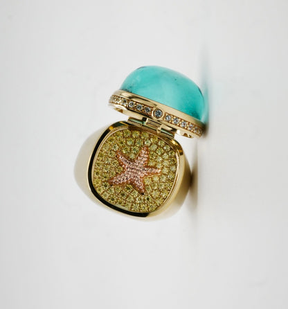 Aquamarine Cabochon Ring with Hidden Opening Starfish, view 3