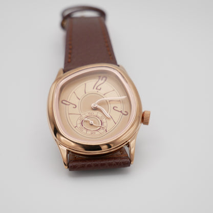 Men's Gold and Brown Leather Strap Barrel Vintage Inspired Watch, view 9