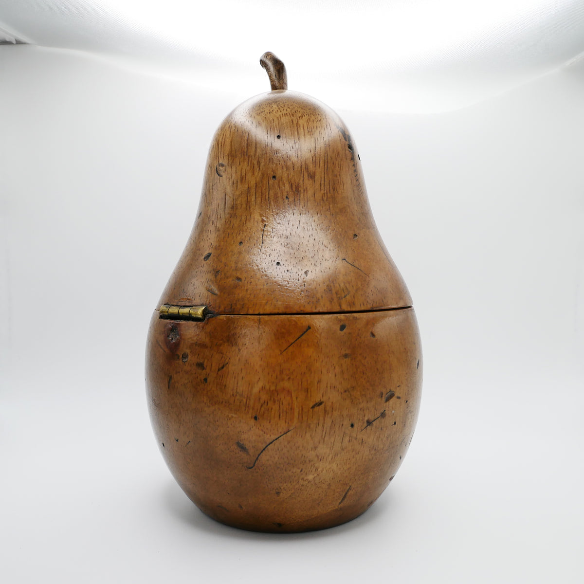 Fruitwood pear tea caddy with deep honeyed patina and fine russeting, English treen