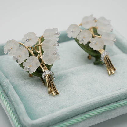 Rock Crystal, Diamond, Nephrite and Lily of the Valley Earrings, Antique Inspired, 18K Gold, view 8