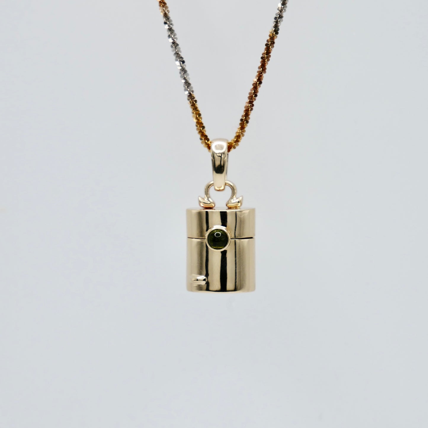 Vintage Style Pill Box Pendant Necklace with Green Tourmaline in 14K or 18K Gold
