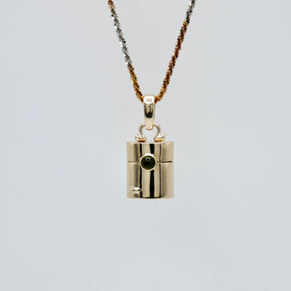 Vintage Style Pill Box Pendant Necklace with Green Tourmaline in 14K or 18K Gold