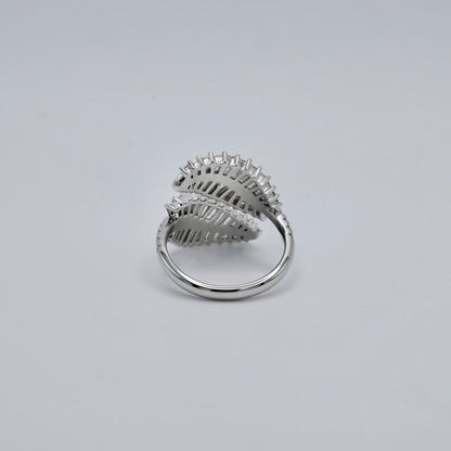 Double palm leaf ring with baguette lab diamonds in 18K white gold, view 4