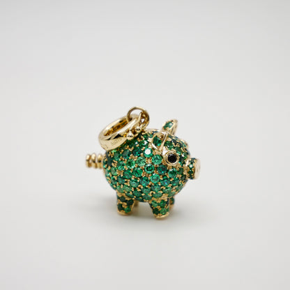Baby Piggy Bank Charm Pendant with Lab Grown Emeralds, 9K Gold, view 2