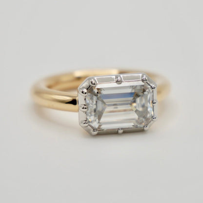 Georgian Victorian Moissanite Platinum and Gold Elongated East West Button Back Collet Ring