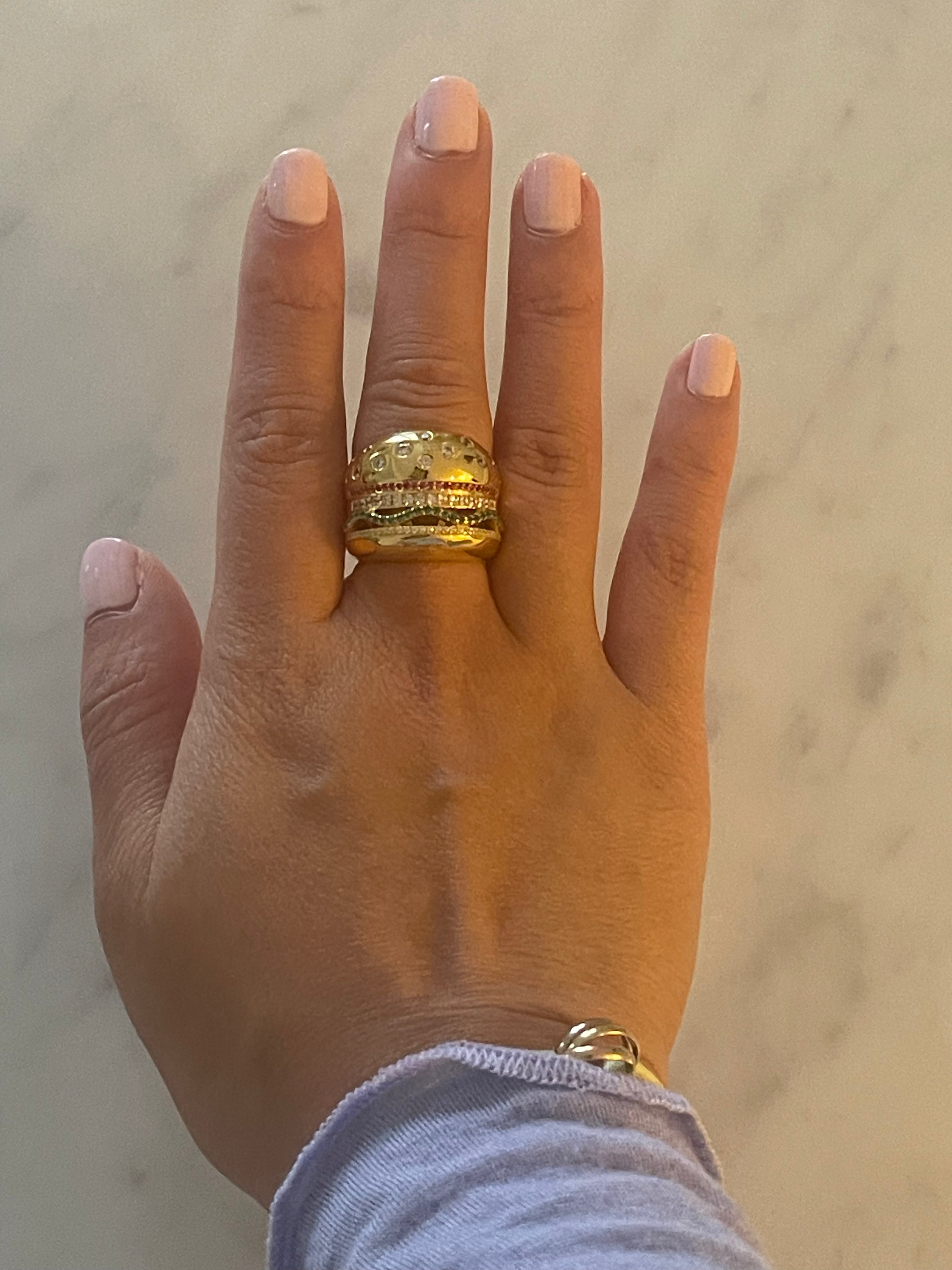 veggie burger ring, hamburger ring, gold filled burger ring, nadine ghosn, drake