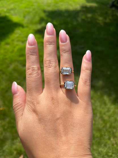 Georgian Victorian Elongated Emerald Cut Moissanite Button Back Collet Ring, view 7