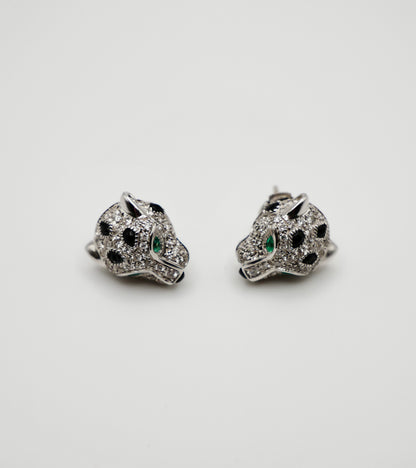 Pave Diamond Panther Earrings, 18K Gold, view 2